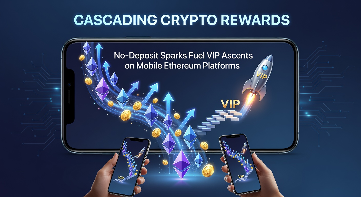 Smartphone mit Ethereum-Logo und aufsteigenden VIP-Stufen in einem mobilen Casino-App, umgeben von Krypto-Münzen und Belohnungs-Icons