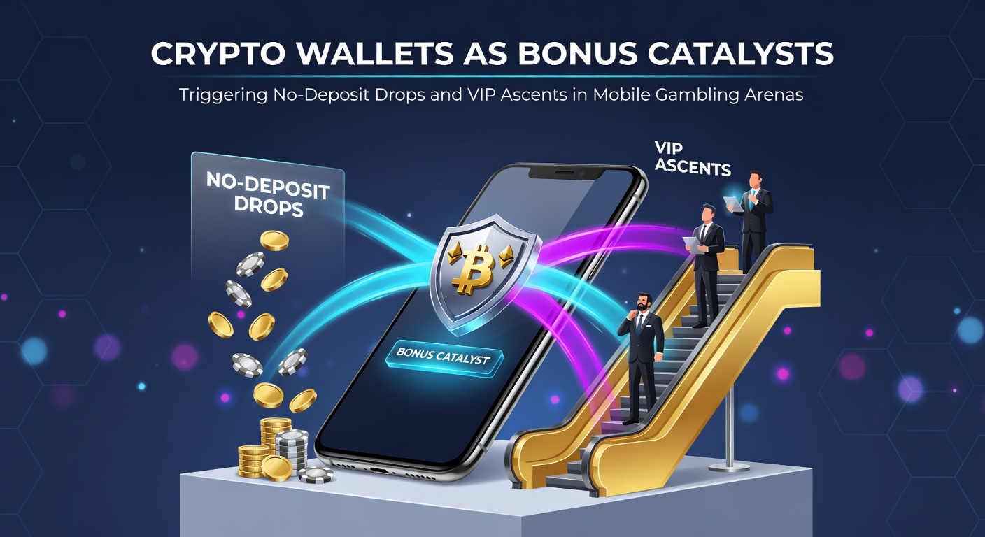 Crypto-Wallet auf Smartphone-Bildschirm mit Bonus-Symbolen und VIP-Stufen im Hintergrund
