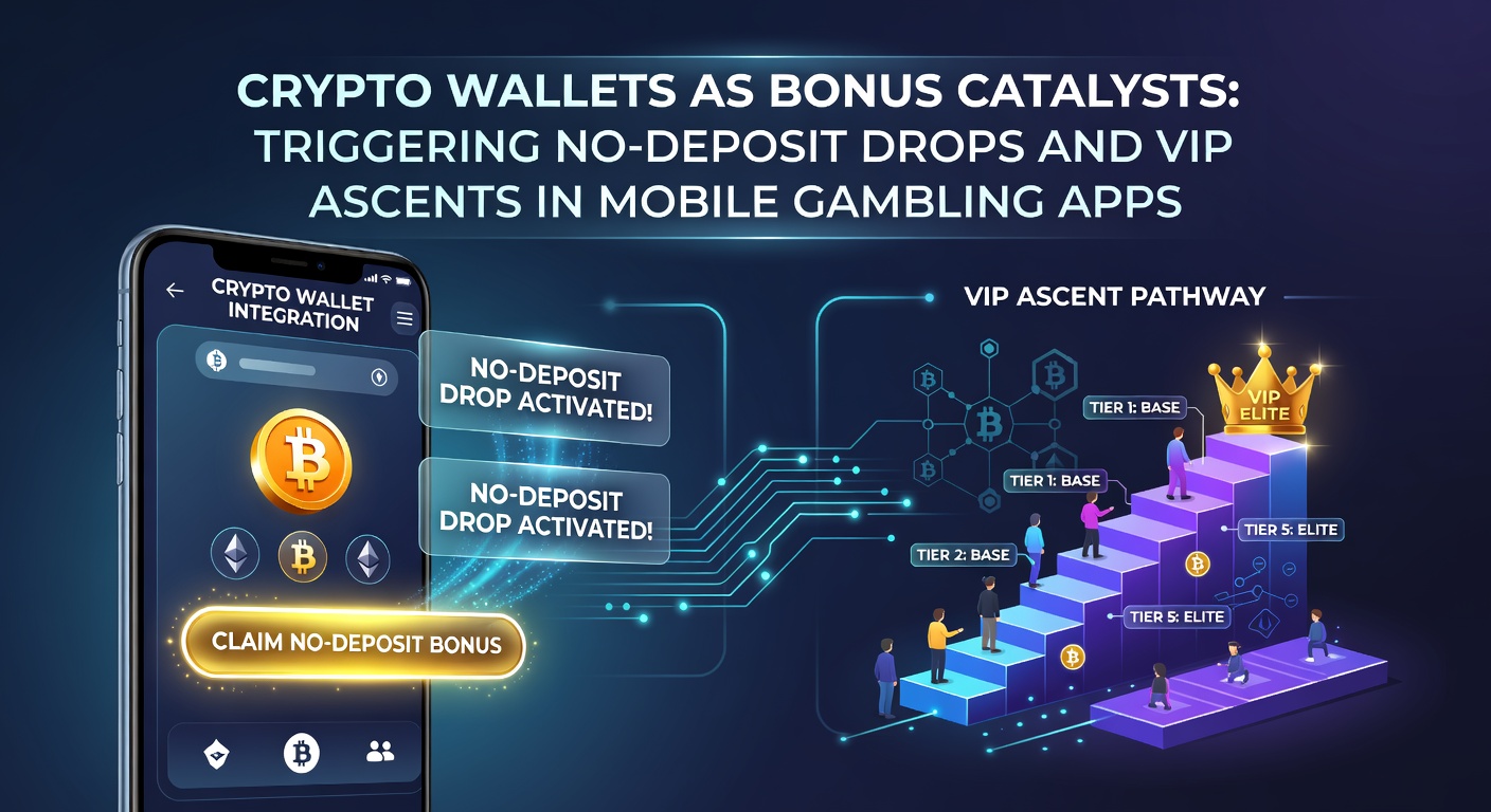 VIP-Leiter mit Crypto-Wallet-Symbolen, No-Deposit-Coins regnen herab und Mobile-App im Vordergrund