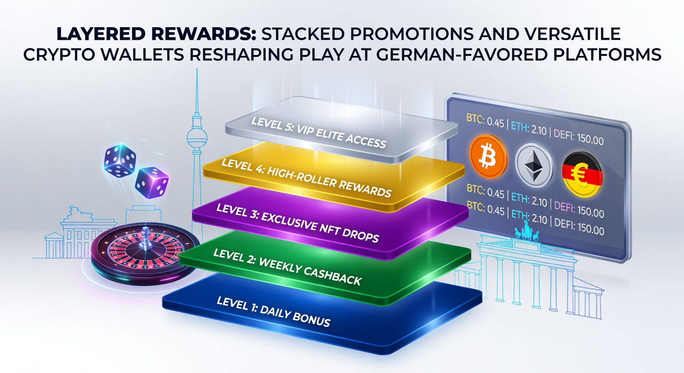 Grafik zeigt gestapelte Belohnungsschichten mit Crypto-Wallets und Promotions auf einer Plattform
