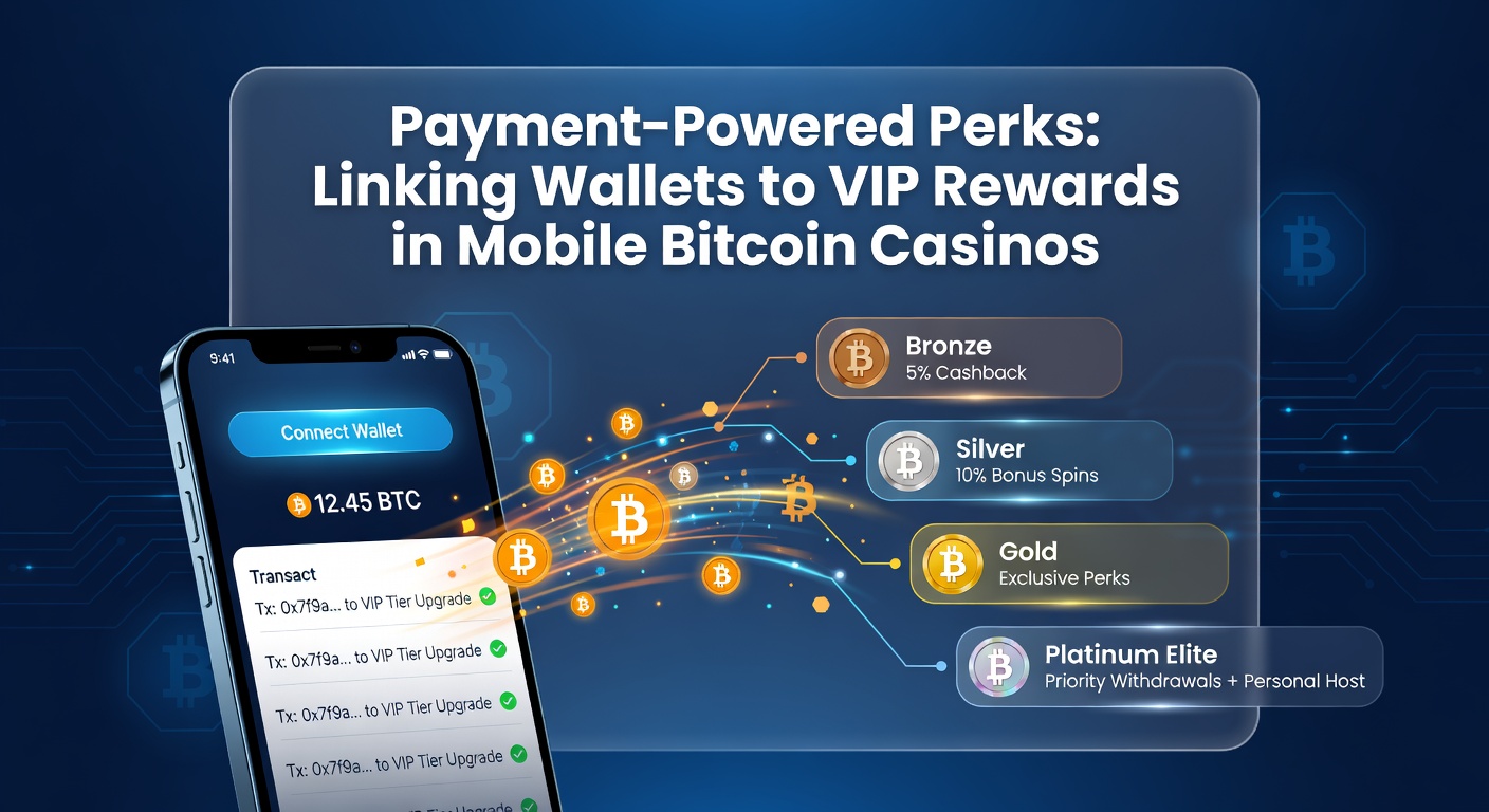 Smartphone mit verknüpfter Bitcoin-Wallet und VIP-Belohnungs-Icons in einem mobilen Casino-App