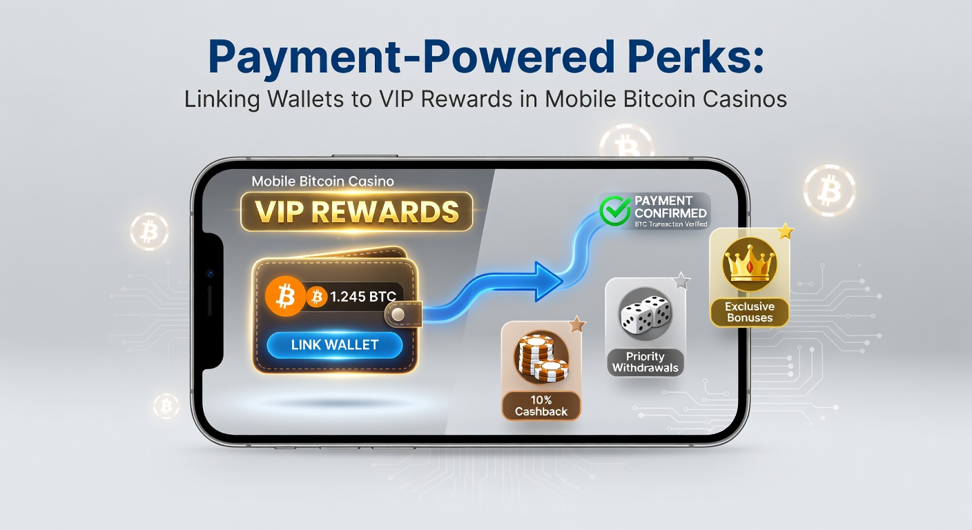 Grafik einer Wallet-Verknüpfung mit steigenden VIP-Stufen und Bitcoin-Symbolen in einer Casino-App